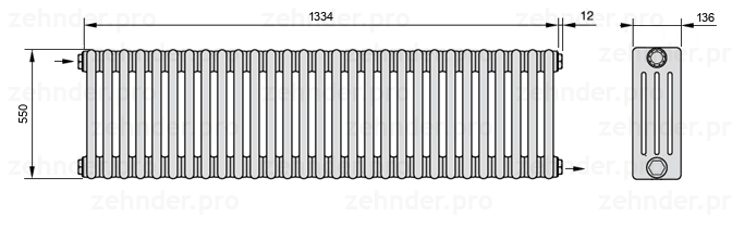 Схема (чертеж) Радиатор Zehnder Charleston 4055/29 №1670 Белый глянцевый RAL 9016